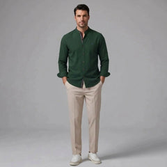 MannerCo dark green linen stand collar shirt with beige slim fit tapered trousers 2-piece set