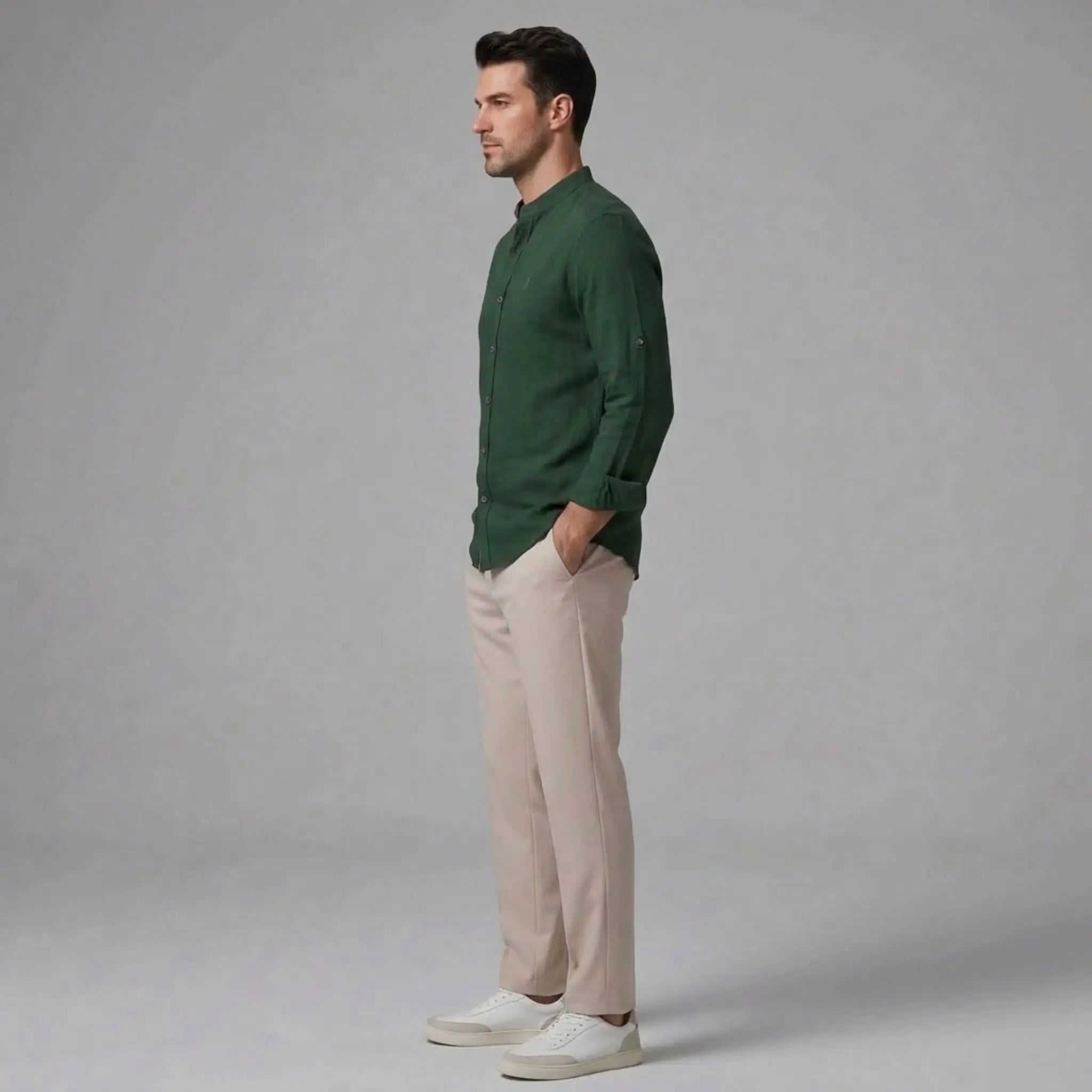 MannerCo dark green linen stand collar shirt with beige slim tapered trousers 2-piece set side view