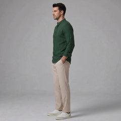 MannerCo dark green linen stand collar shirt with beige slim tapered trousers 2-piece set side view