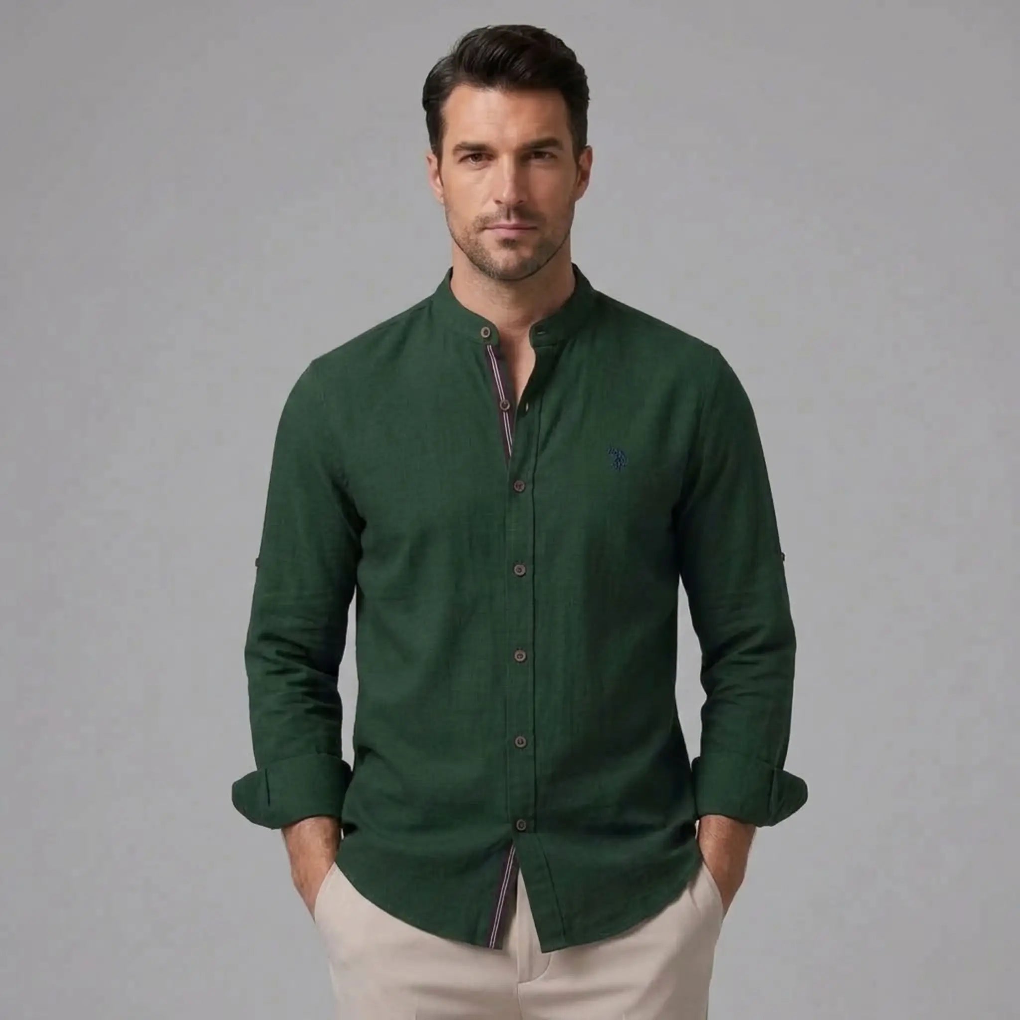 MannerCo dark green linen stand collar shirt with slim fit tapered trousers 2-piece set