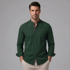MannerCo dark green linen stand collar shirt with slim fit tapered trousers 2-piece set
