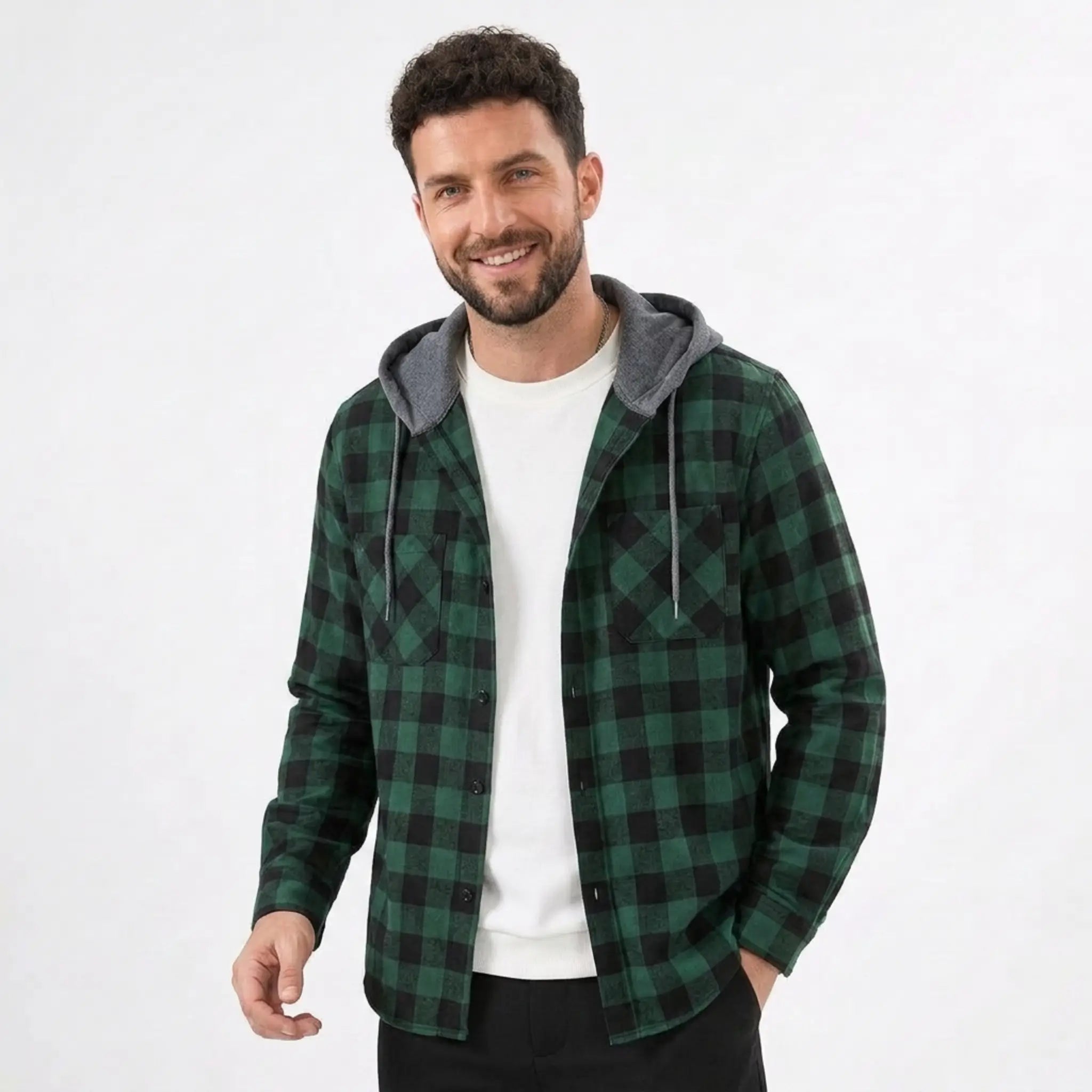 MannerCo dark green plaid hooded flannel shirt jacket worn open over white tee front view