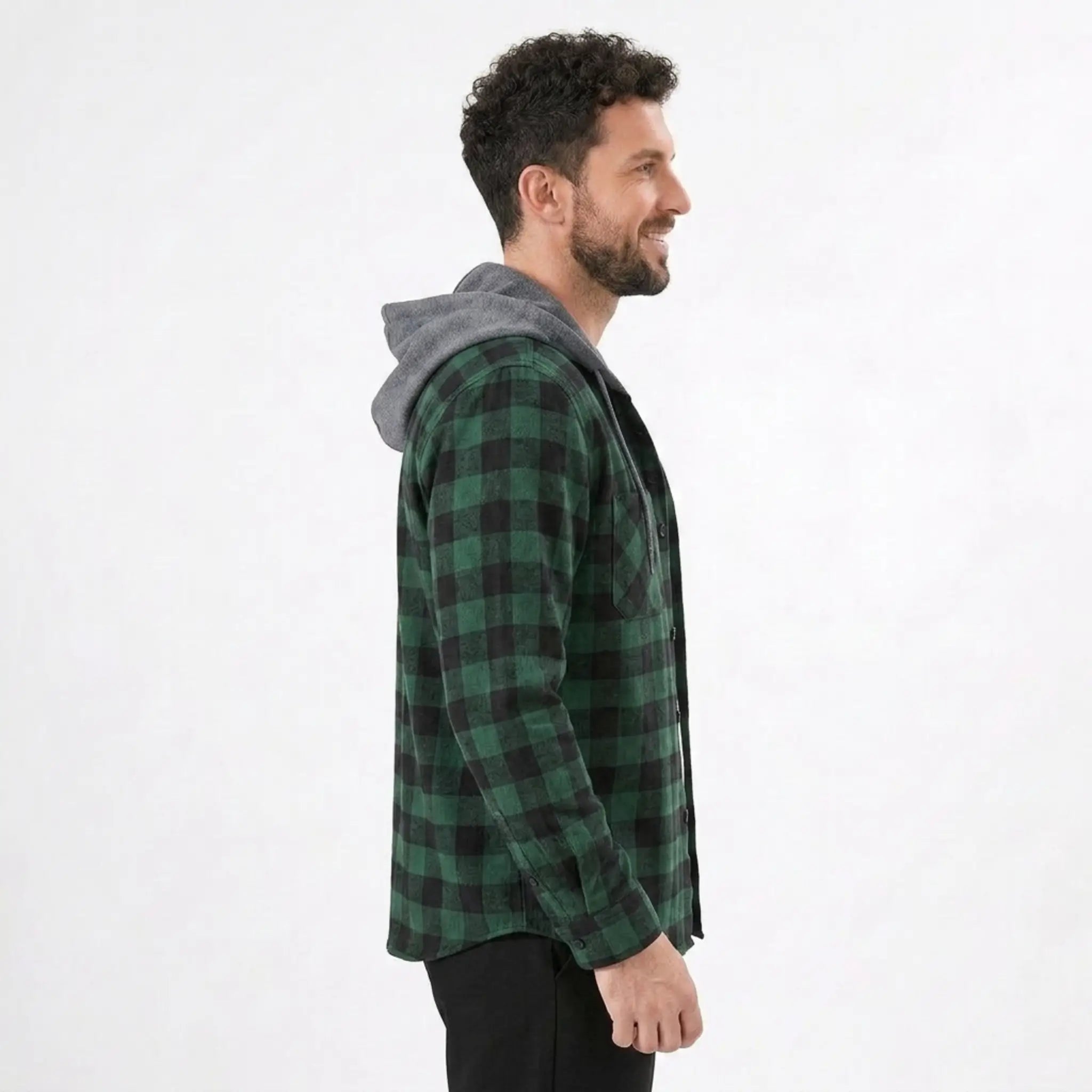 MannerCo dark green plaid hooded flannel jacket side view with gray hood on male model