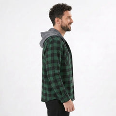 MannerCo dark green plaid hooded flannel jacket side view with gray hood on male model