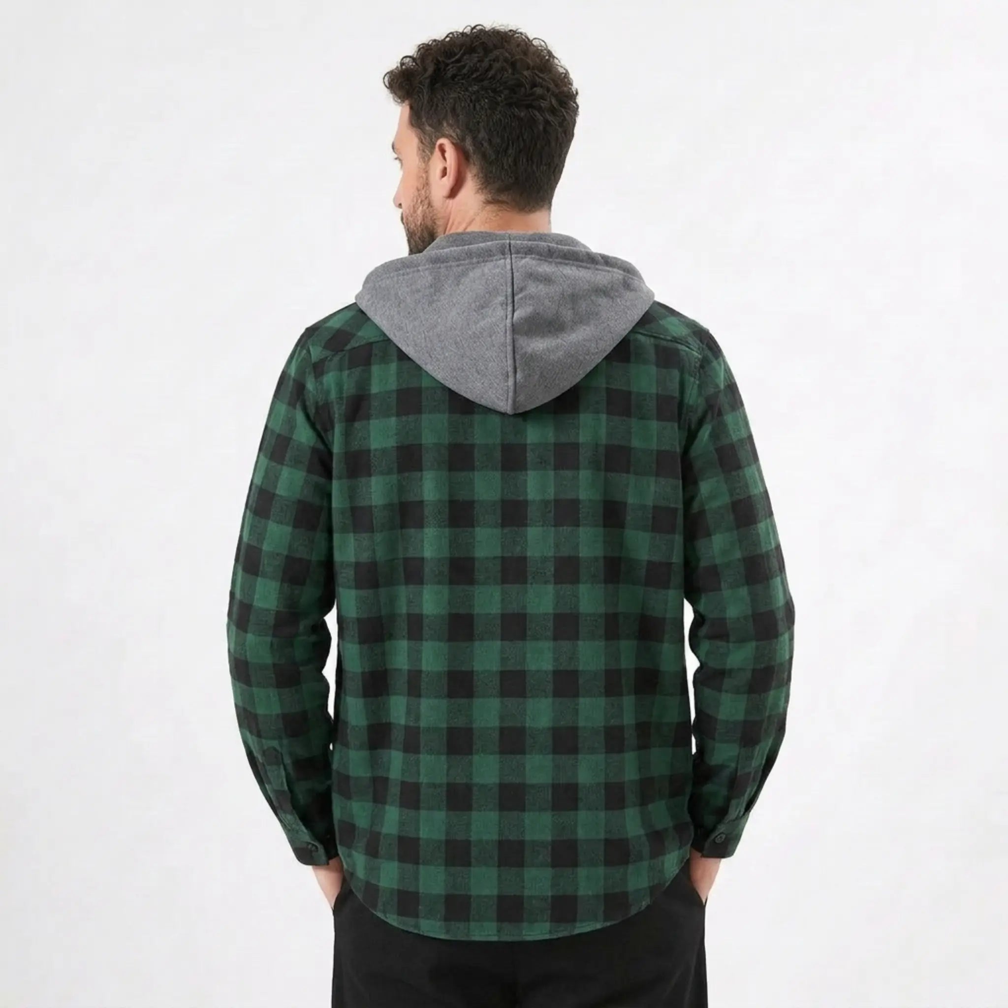 MannerCo dark green plaid hooded flannel jacket back view with gray hood
