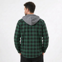 MannerCo dark green plaid hooded flannel jacket back view with gray hood