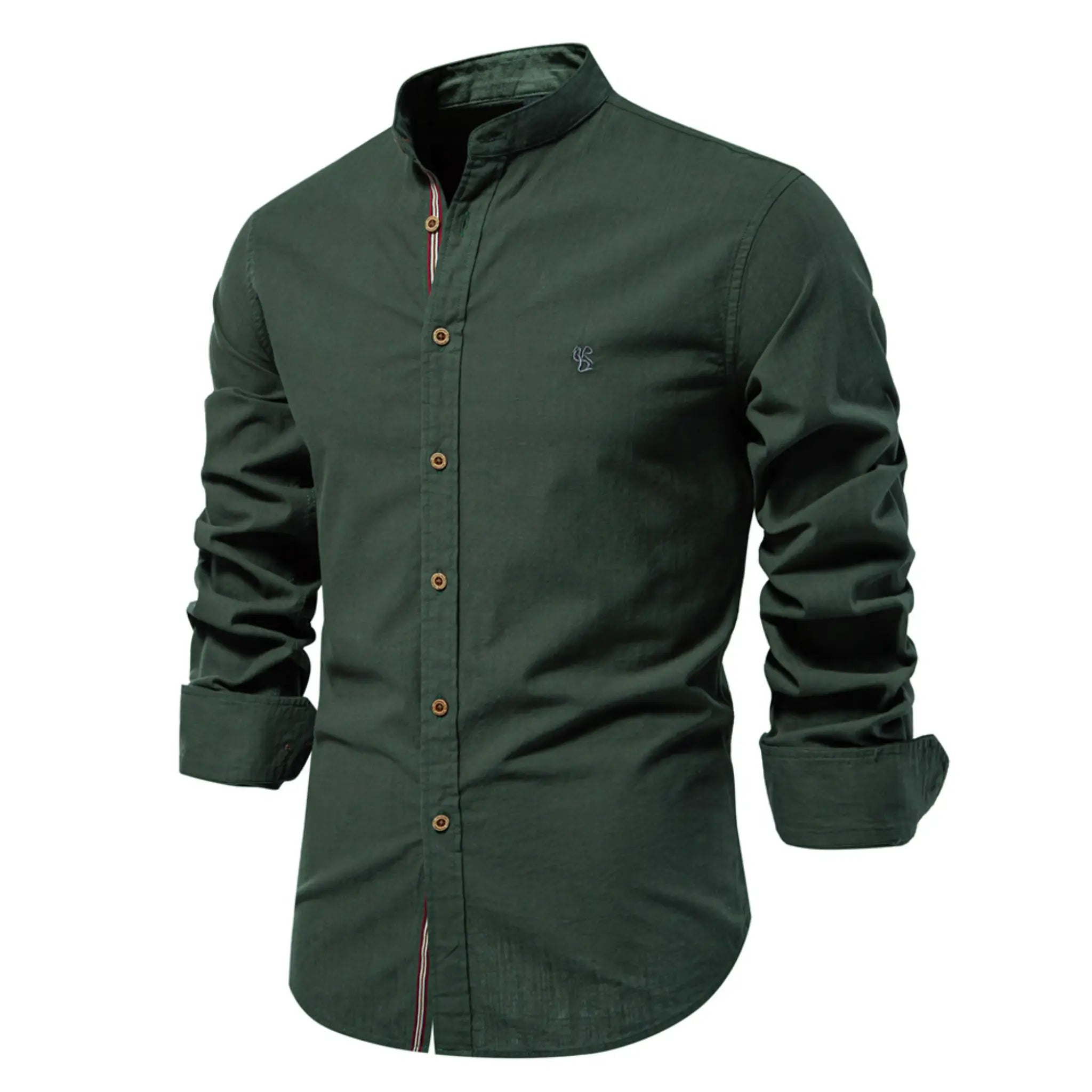 MannerCo dark green linen stand collar shirt slim fit long sleeve button-up product display