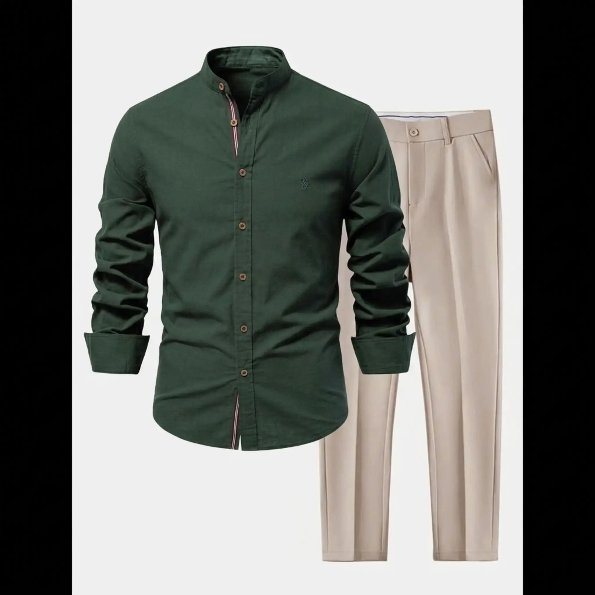 MannerCo dark green stand collar shirt and beige slim fit tapered trousers 2-piece set
