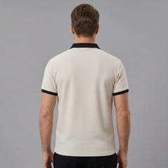 Back view of man wearing dark green color block waffle polo shirt