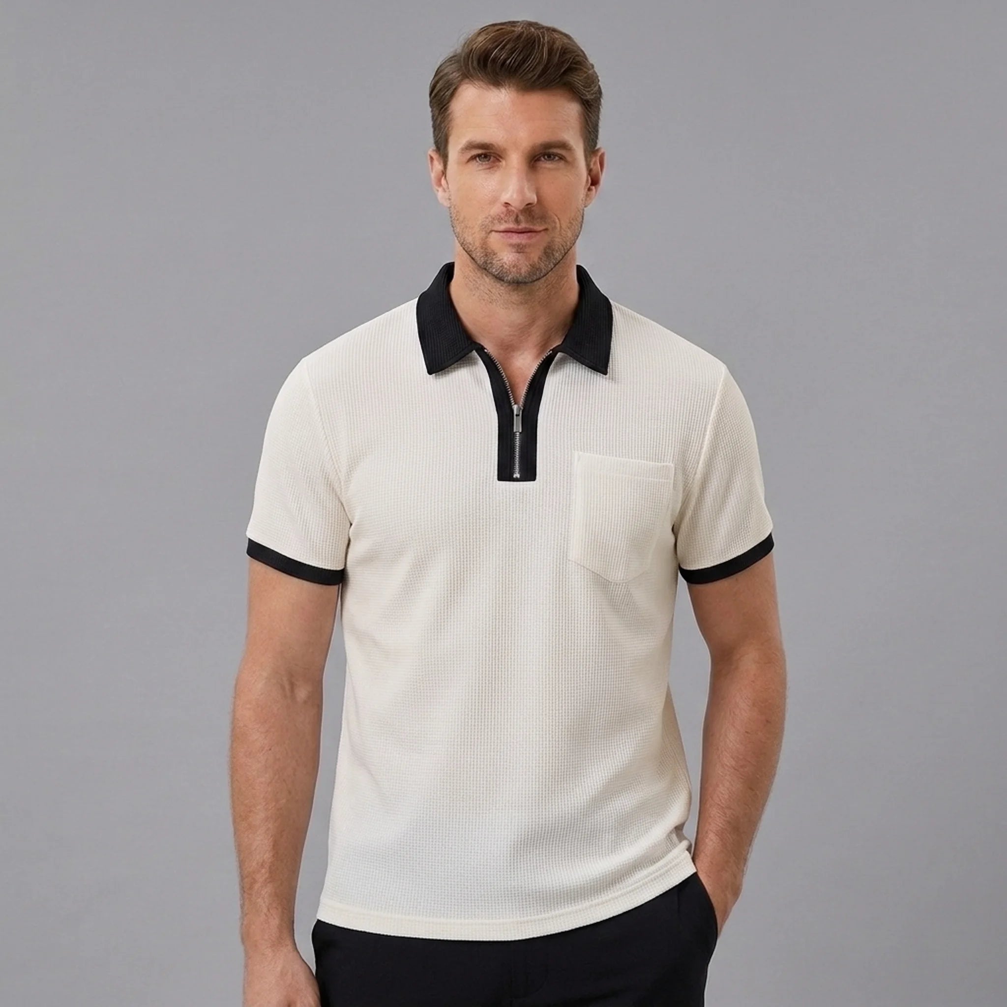 Man wearing a dark green color block waffle polo shirt front view on plain background