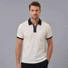 Man wearing a dark green color block waffle polo shirt front view on plain background