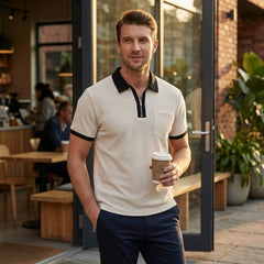 Man wearing dark green color block waffle polo shirt in outdoor lifestyle setting