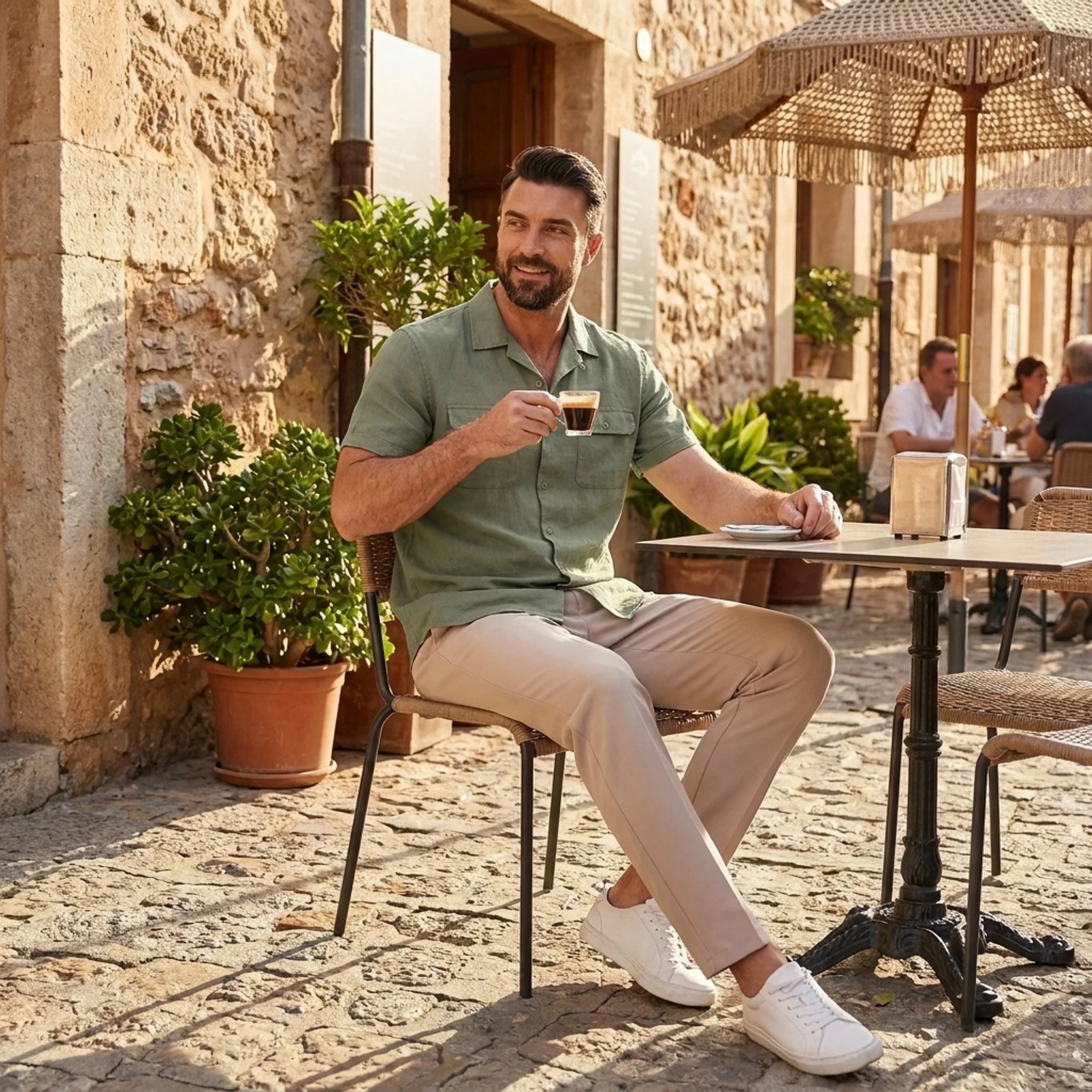 Man in dark green linen Cuban collar shirt and slim fit tapered trousers walking in sunny outdoor summer scene