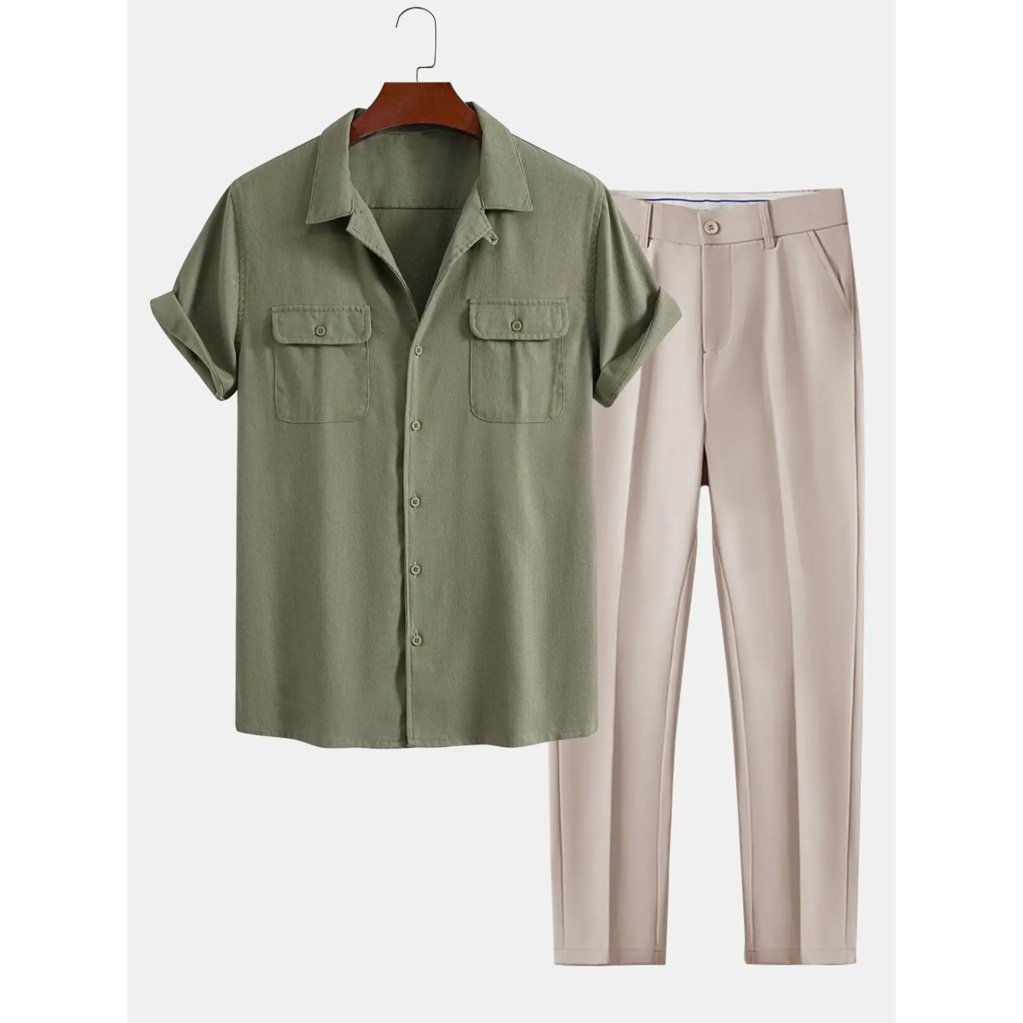 Green shirt and beige pants on a white background
