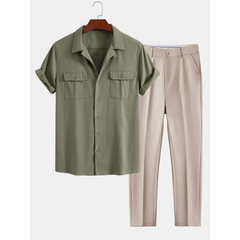 Green shirt and beige pants on a white background