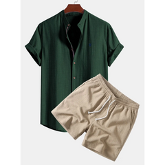 Linen Look Stand Collar Shirt & Crinkle Textured Drawstring Shorts - 2 Piece Summer Outfit