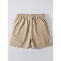 Linen Look Stand Collar Shirt & Crinkle Textured Drawstring Shorts - 2 Piece Summer Outfit