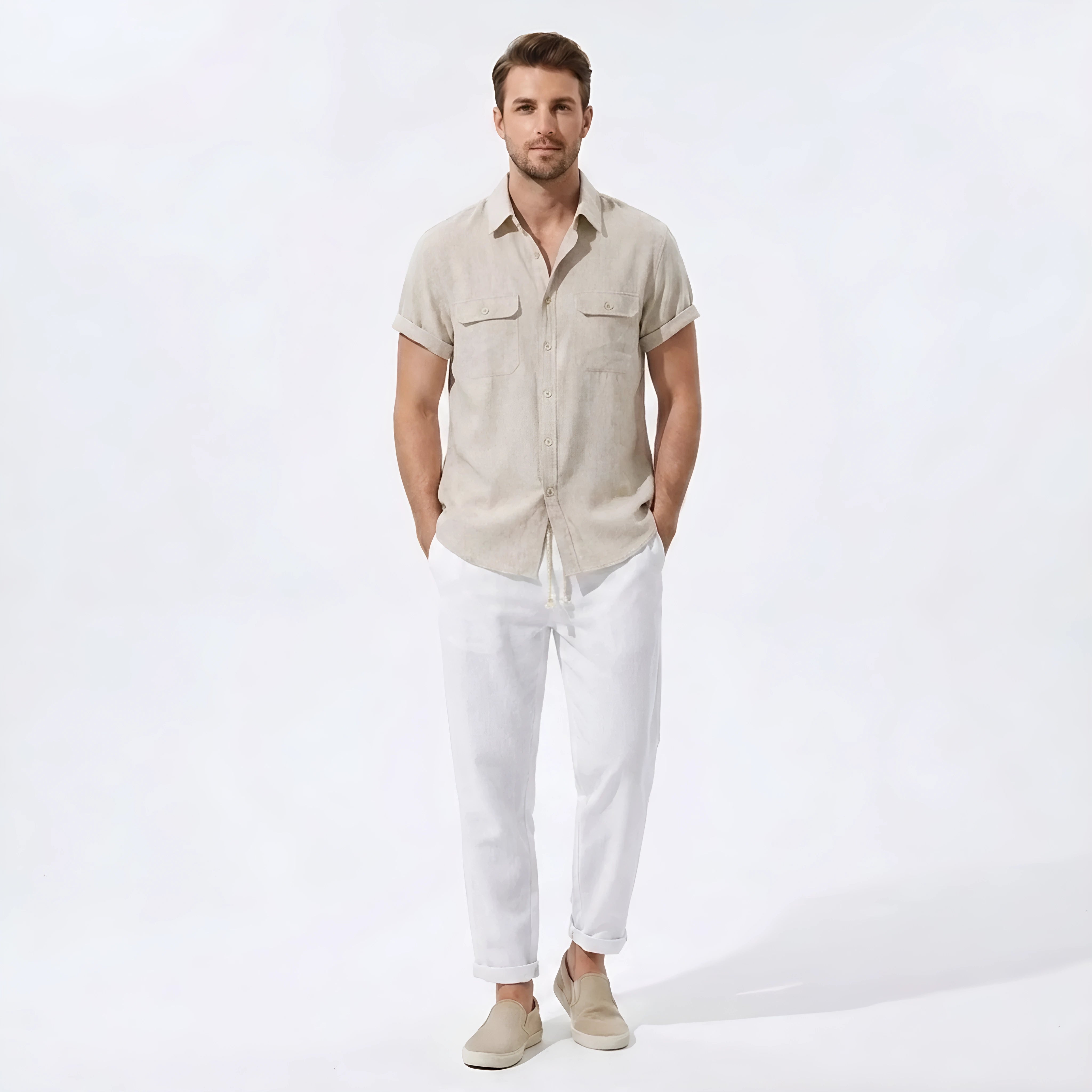 Man wearing dark green linen rayon blend pocket utility shirt and straight leg linen pants front view