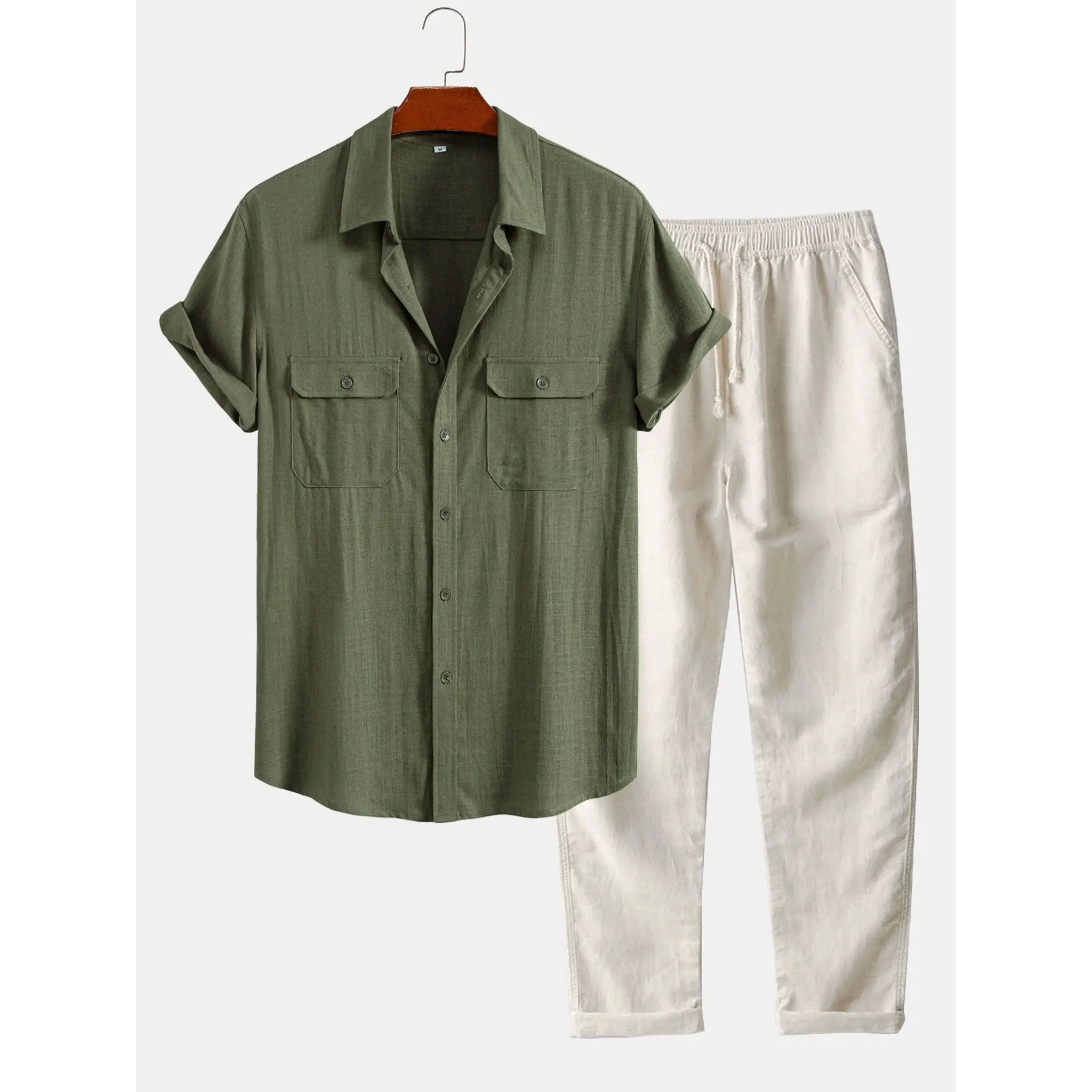 Green shirt and beige pants on a white background