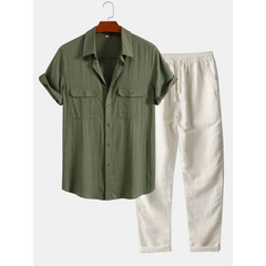 Green shirt and beige pants on a white background