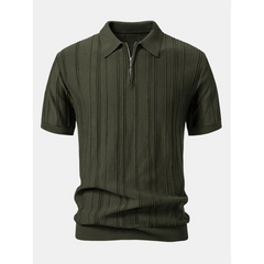 Stripe Jacquard Knit Zip-Up Polo Shirt | Smart Casual Short Sleeve