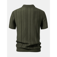 Stripe Jacquard Knit Zip-Up Polo Shirt | Smart Casual Short Sleeve