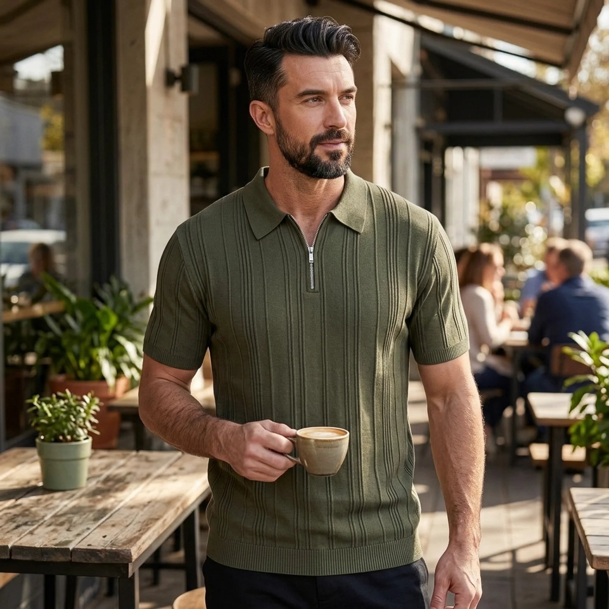 Man wearing dark green stripe jacquard knit zip-up polo shirt in outdoor lifestyle setting
