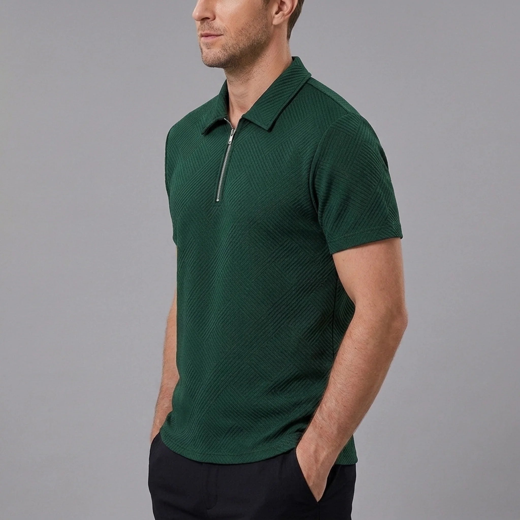Man wearing dark green stripe jacquard zip-up polo shirt in outdoor lifestyle setting