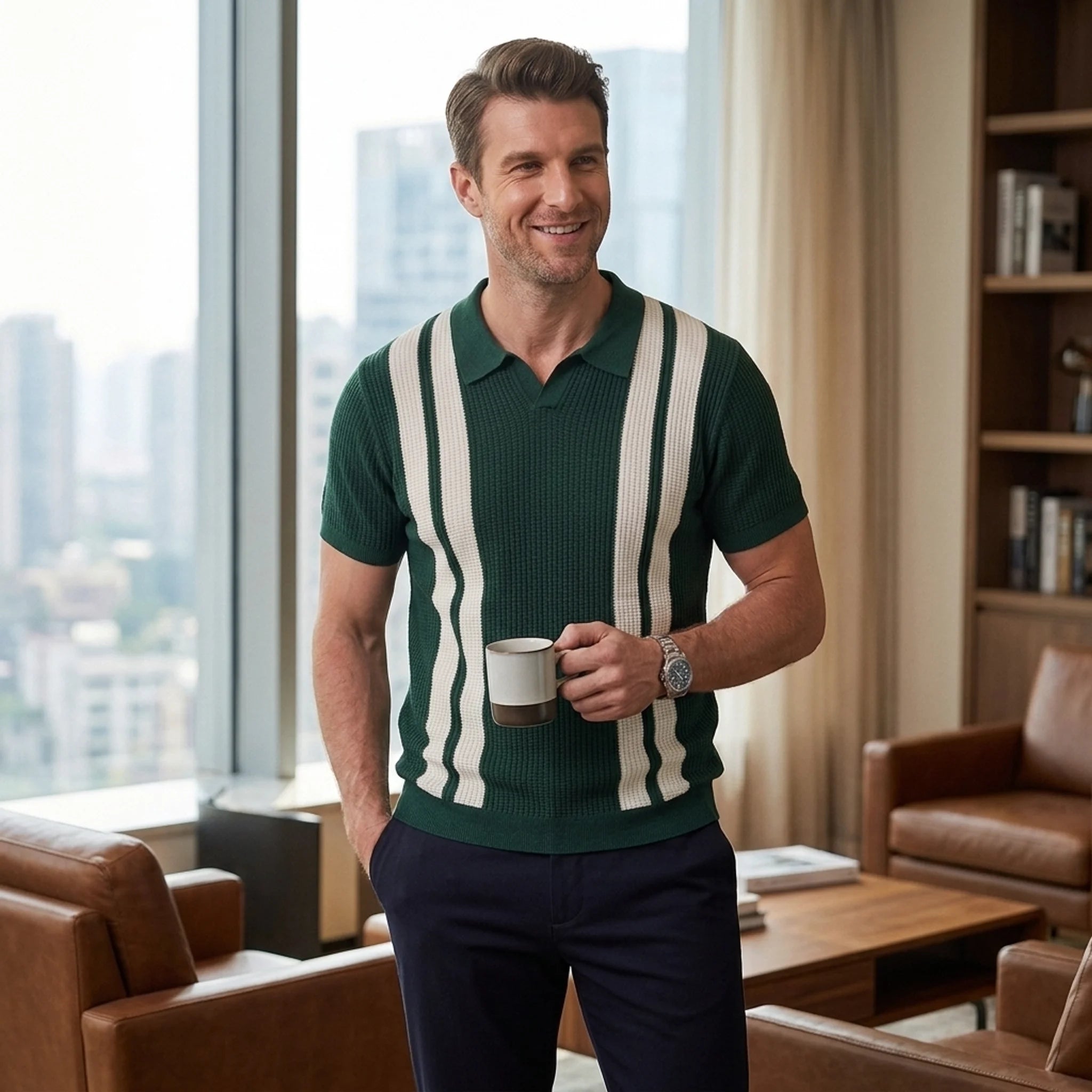 Man in dark green striped knit polo shirt in sunny outdoor scene