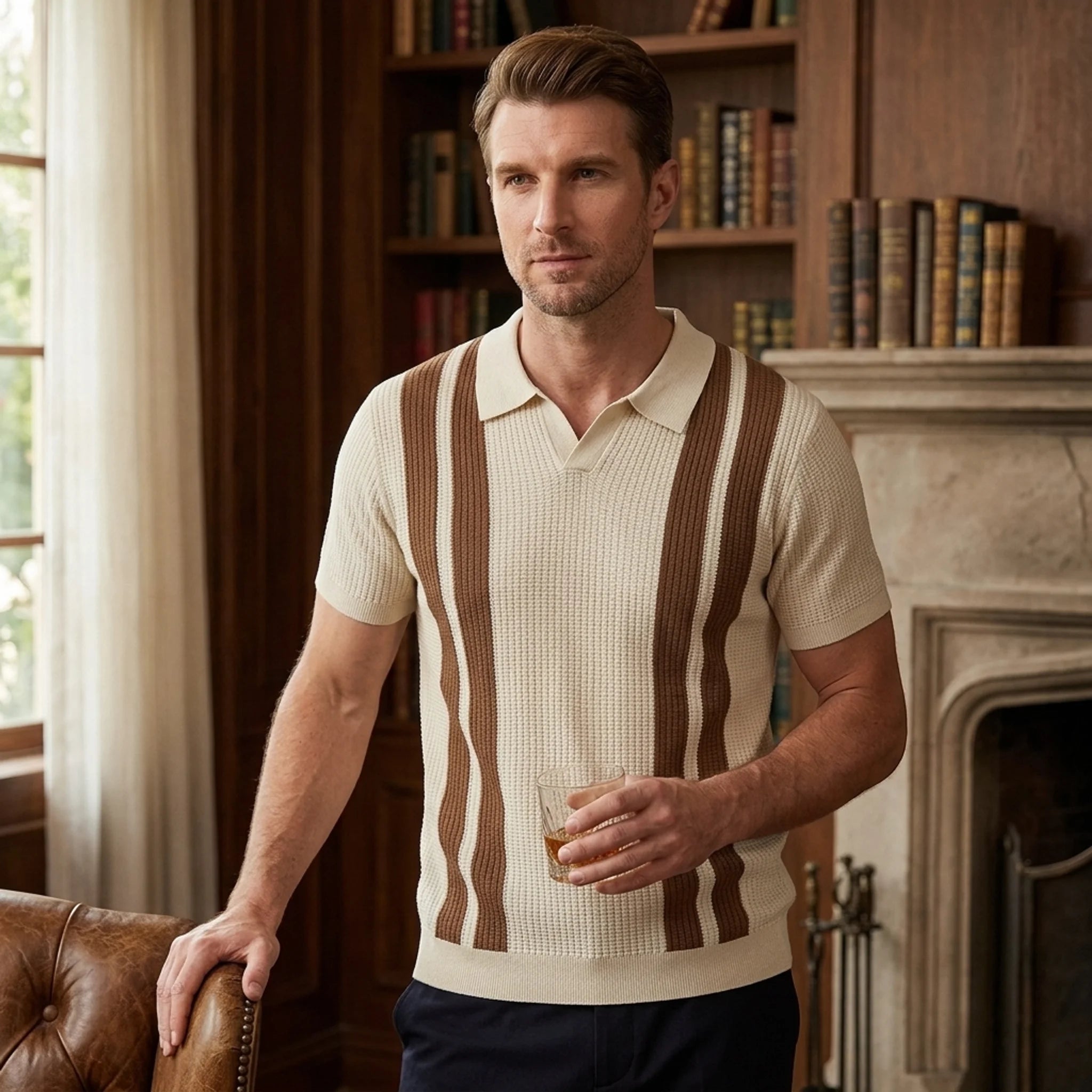 Man wearing a dark green striped knit slim fit polo shirt front view on plain background