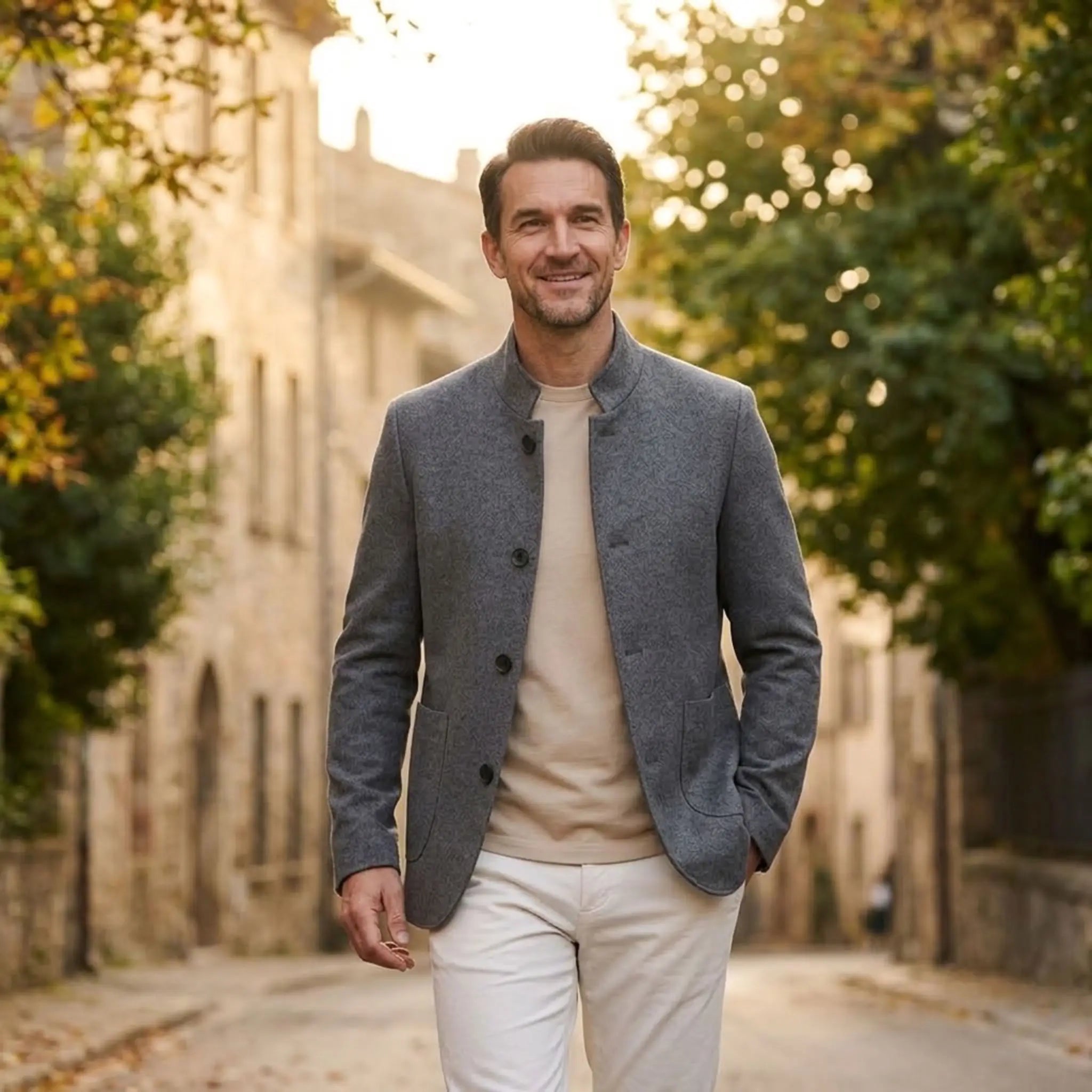 MannerCo gray wool overcoat with stand collar worn over cream sweater outdoors