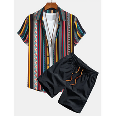 Ethnic Geometric Print Button Up Shirt & Swim Shorts - 2 Piece Summer Outfit