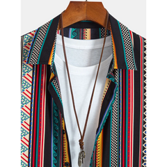 Ethnic Geometric Print Button Up Shirt & Swim Shorts - 2 Piece Summer Outfit
