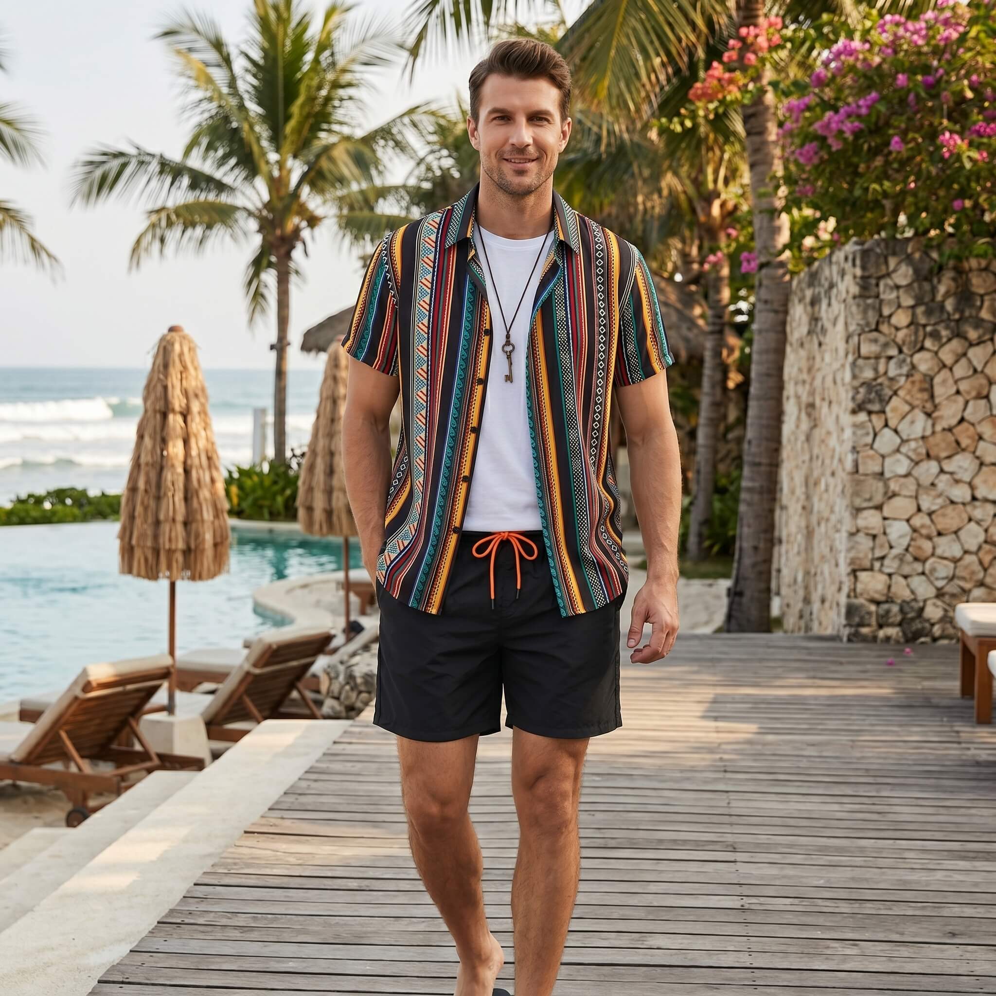 Man wearing colorful ethnic geometric print shirt and swim shorts in outdoor lifestyle setting