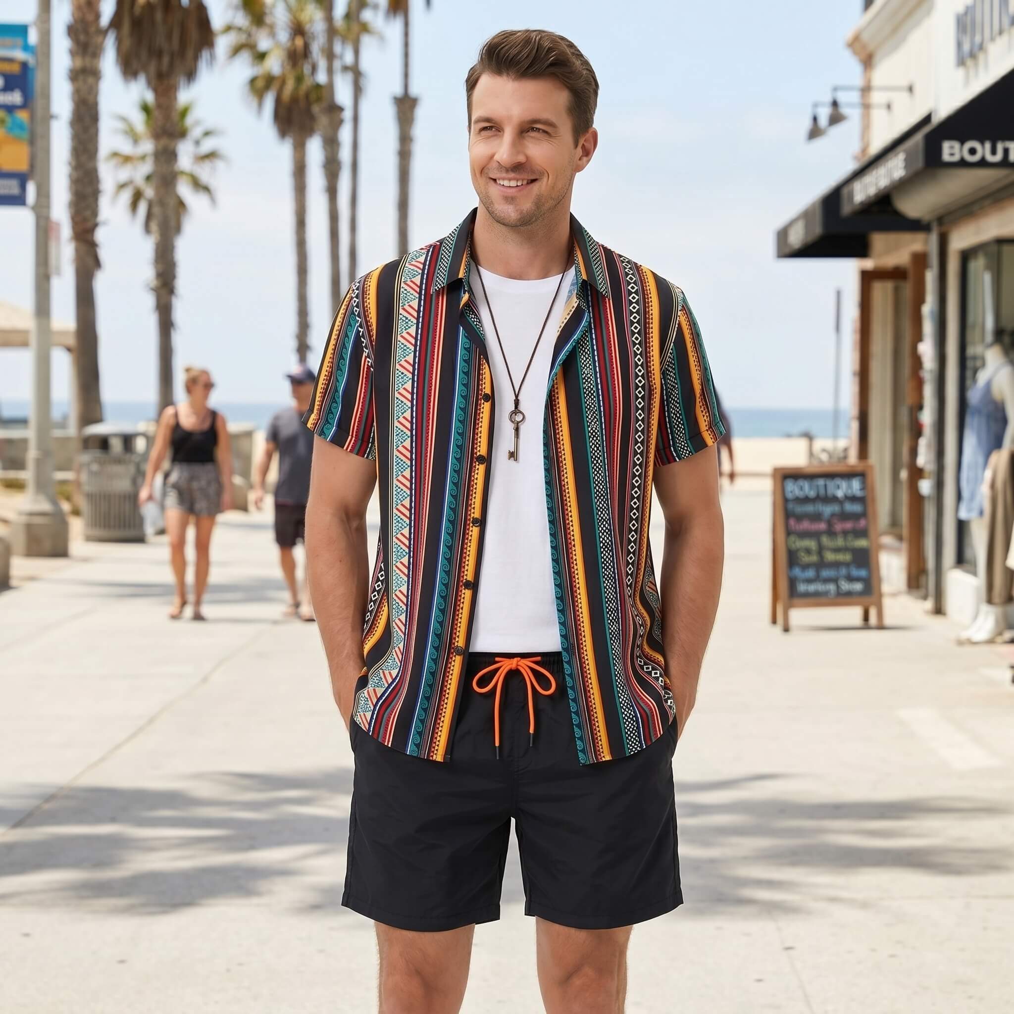 Man in ethnic geometric print shirt and swim shorts walking in sunny outdoor beach setting