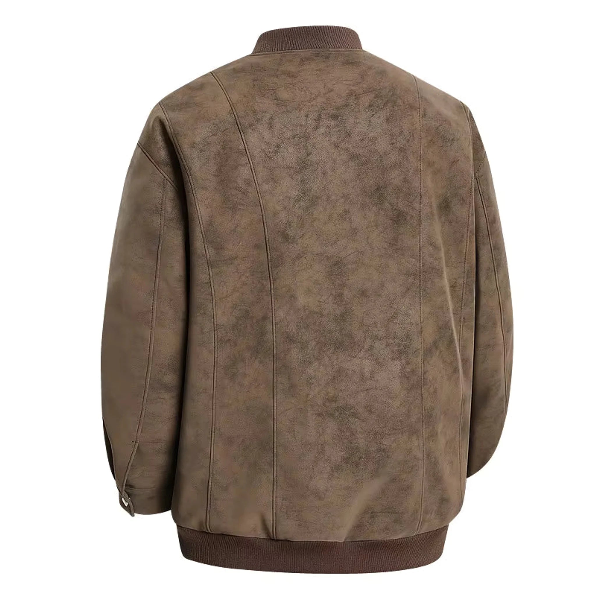 MannerCo coffee faux suede leather bomber jacket back view with ribbed collar and hem