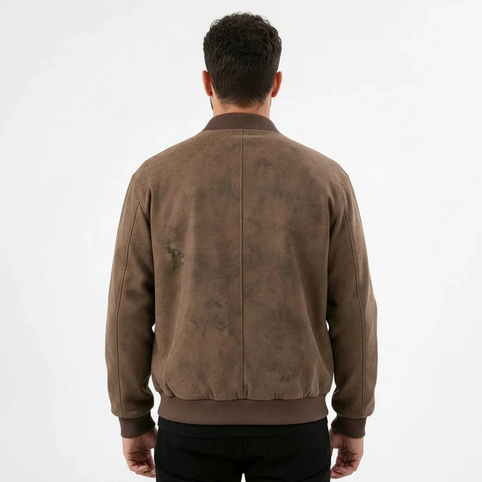 MannerCo men's coffee faux suede bomber jacket back view with ribbed collar and cuffs