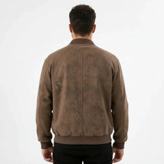 MannerCo men's coffee faux suede bomber jacket back view with ribbed collar and cuffs