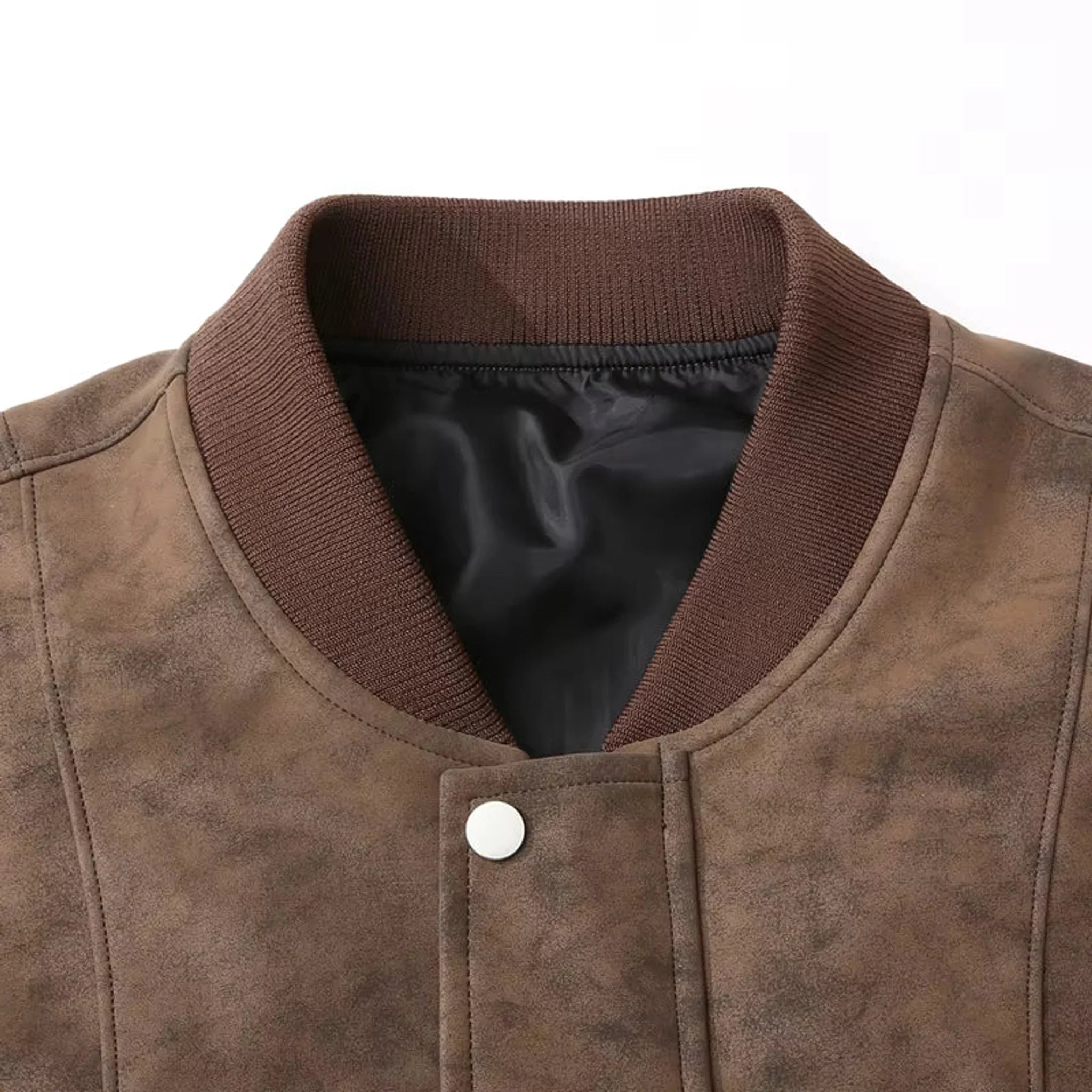 MannerCo coffee faux suede bomber jacket collar detail with ribbed band and snap button closure