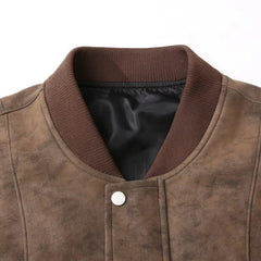 MannerCo coffee faux suede bomber jacket collar detail with ribbed band and snap button closure