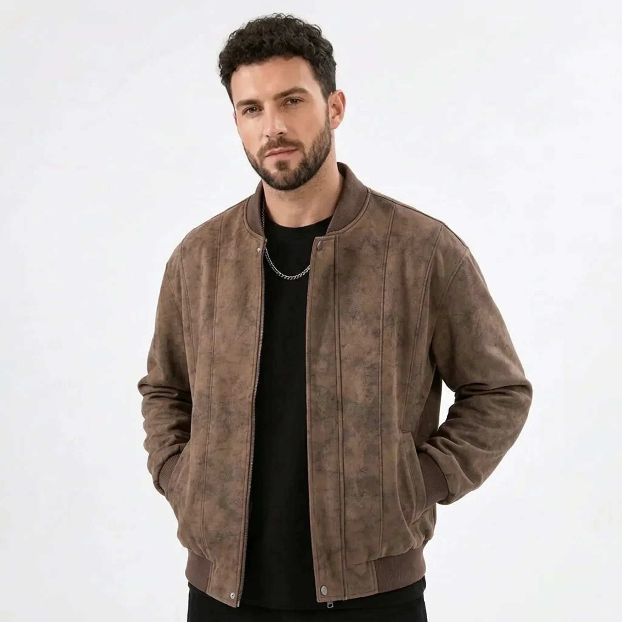 MannerCo men's coffee faux suede bomber jacket open front view with black tee and chain necklace