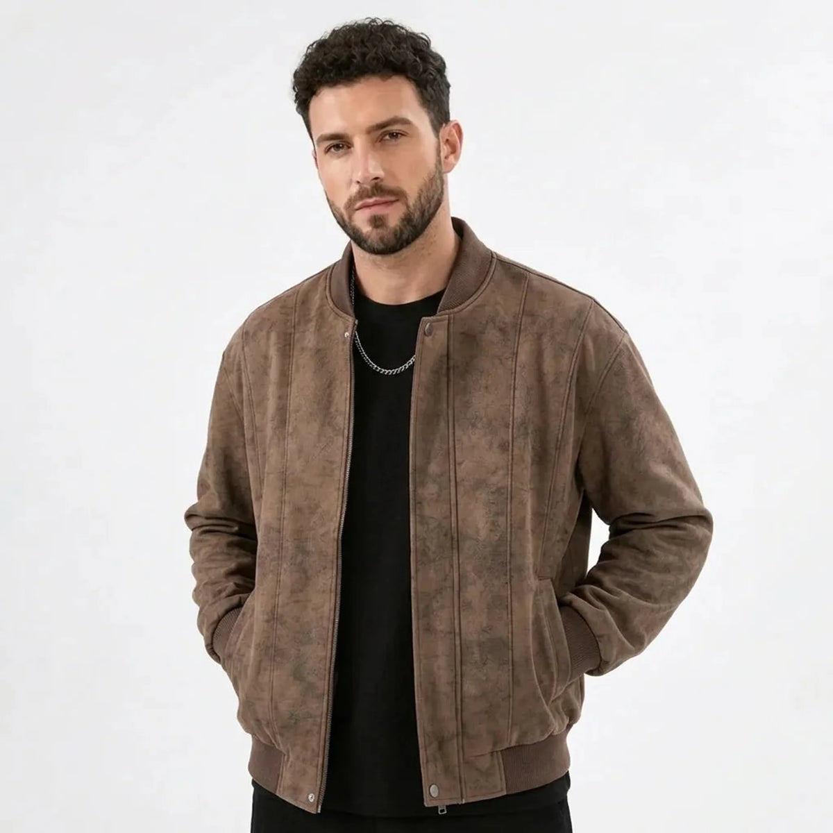 MannerCo men's coffee faux suede bomber jacket open front view with black tee and chain necklace