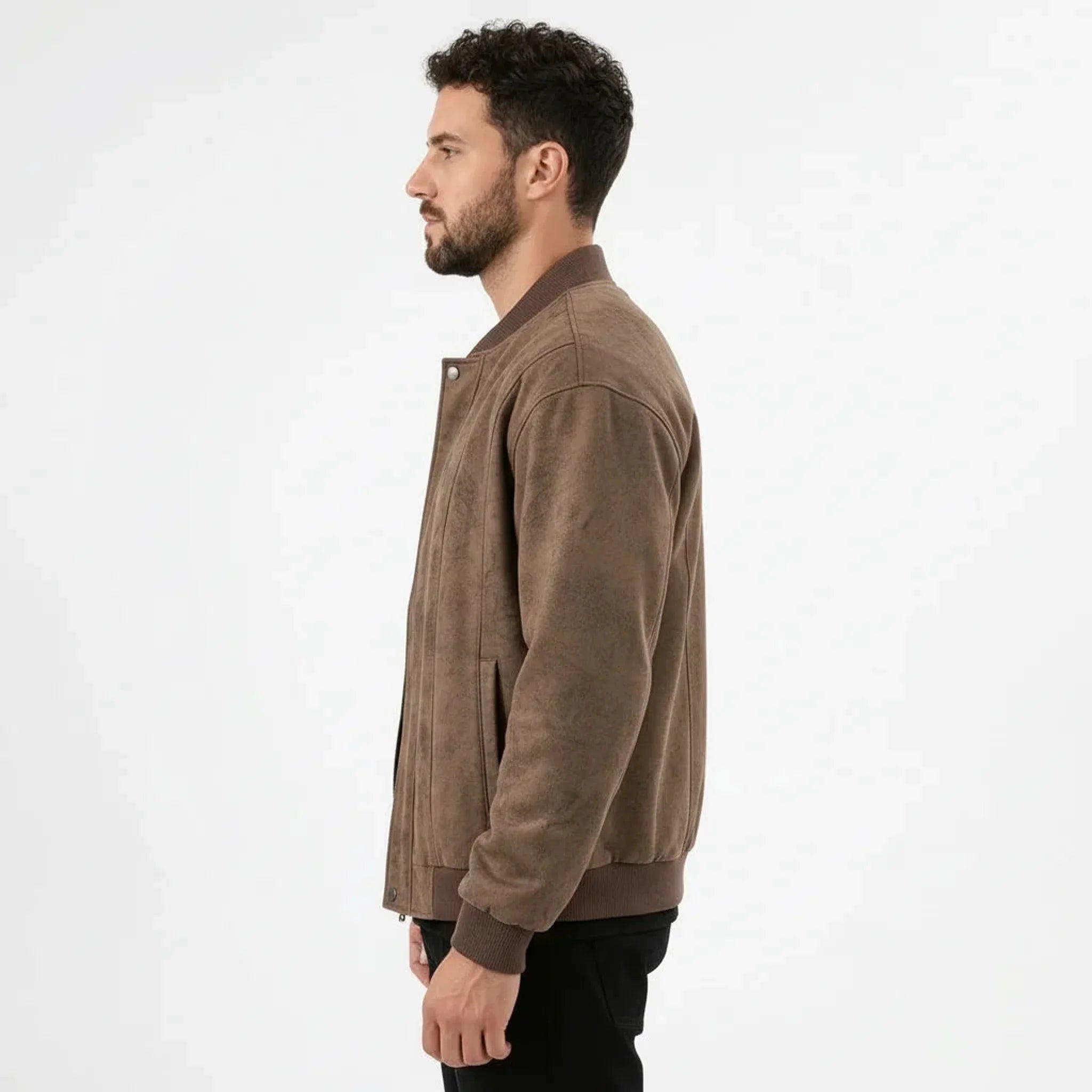 MannerCo men's coffee faux suede bomber jacket side view with ribbed collar and cuffs