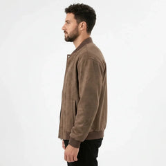 MannerCo men's coffee faux suede bomber jacket side view with ribbed collar and cuffs