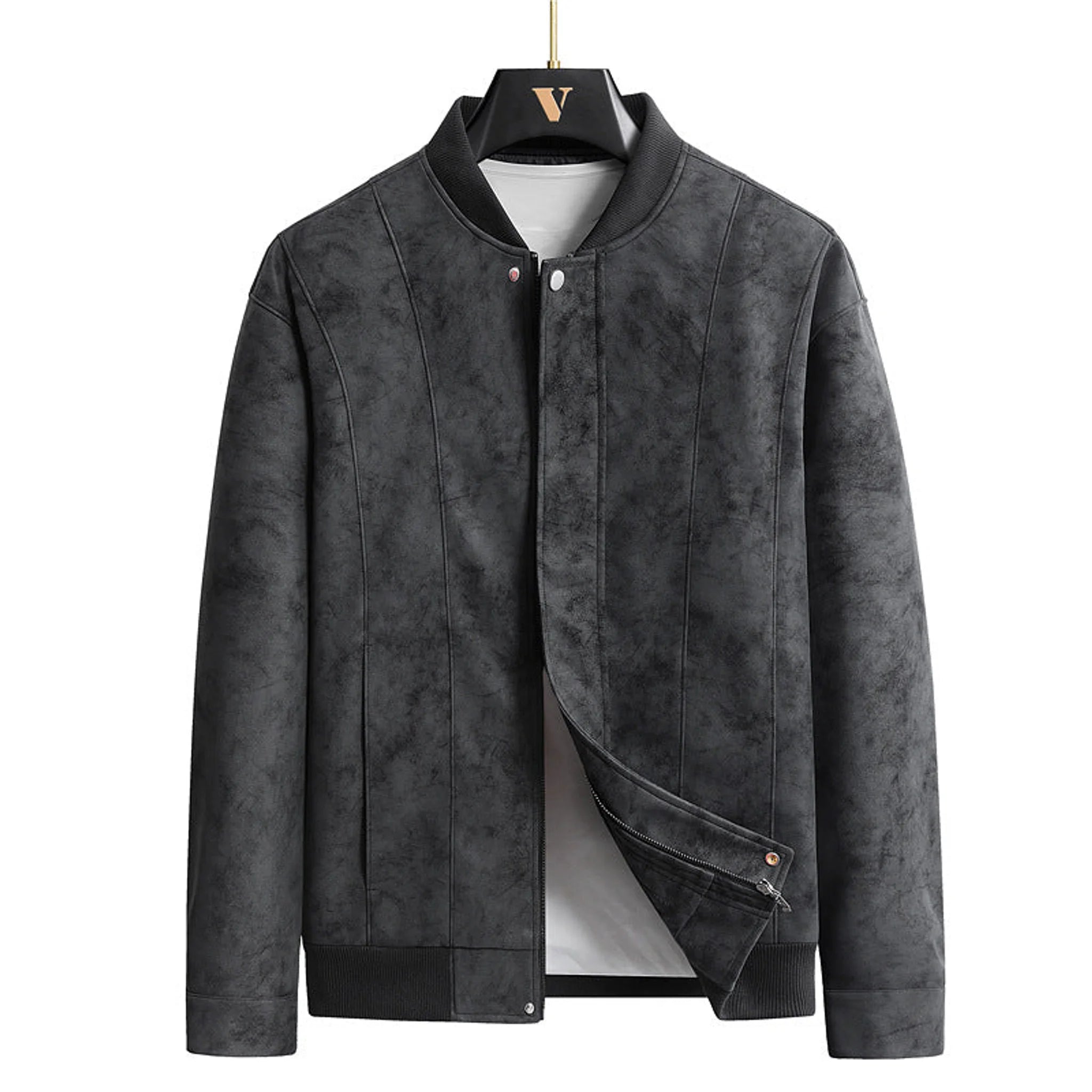 MannerCo black faux suede bomber jacket with ribbed collar vertical seams and side zip pockets