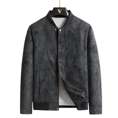 MannerCo black faux suede bomber jacket with ribbed collar vertical seams and side zip pockets