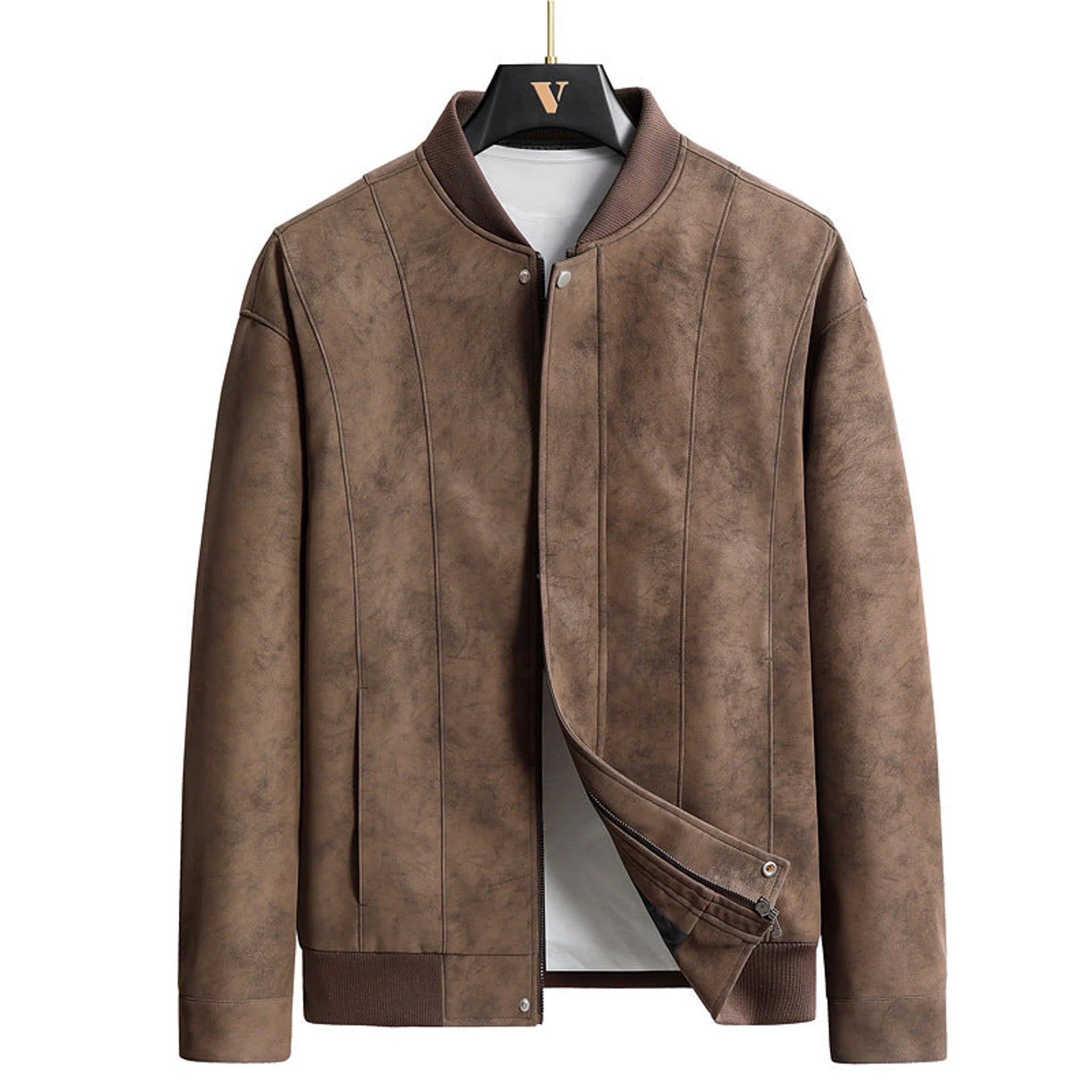 MannerCo coffee faux suede leather bomber jacket with ribbed collar and vertical seam detailing