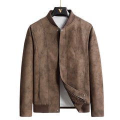 MannerCo coffee faux suede leather bomber jacket with ribbed collar and vertical seam detailing