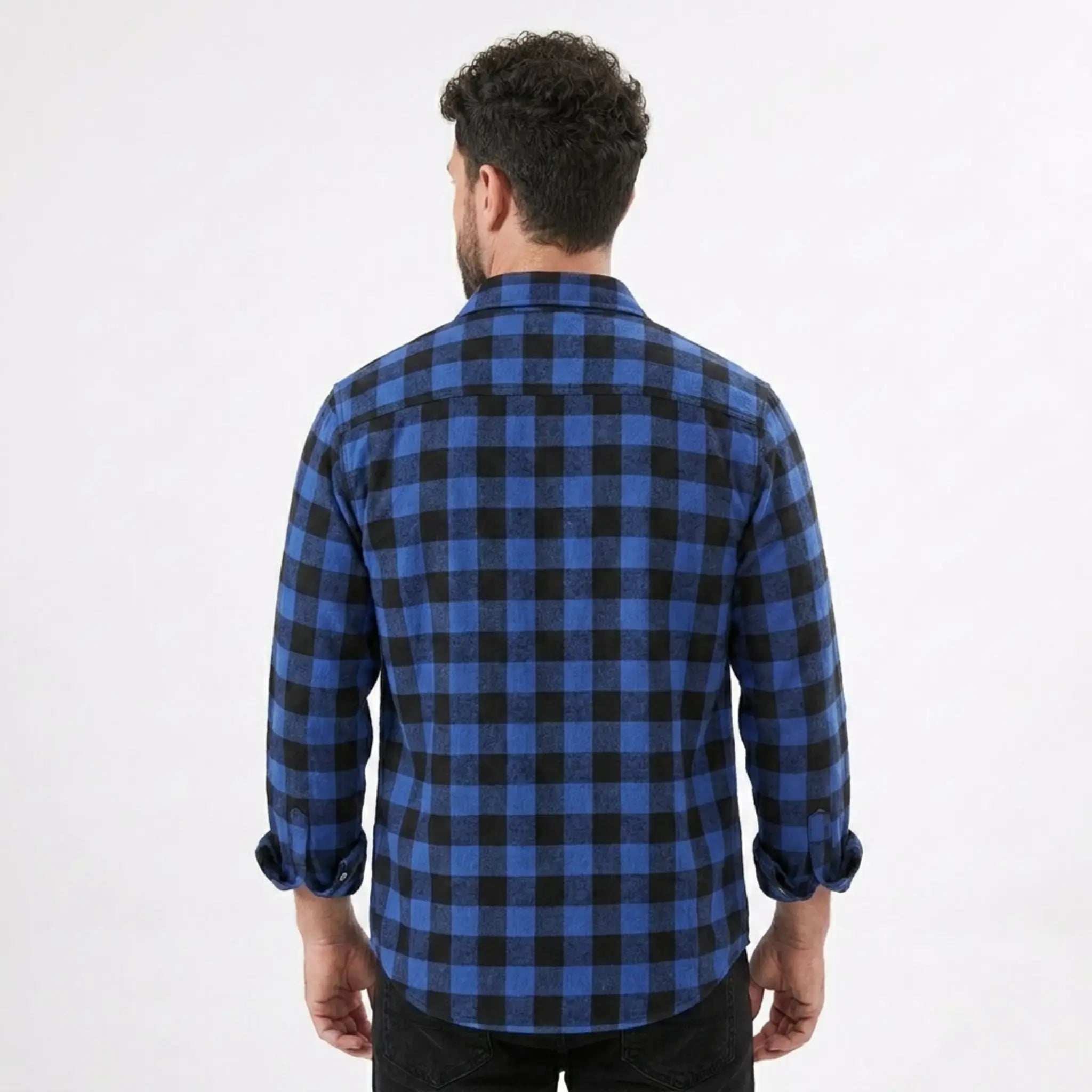 MannerCo blue buffalo plaid flannel shirt back view with turn-down collar and long sleeves
