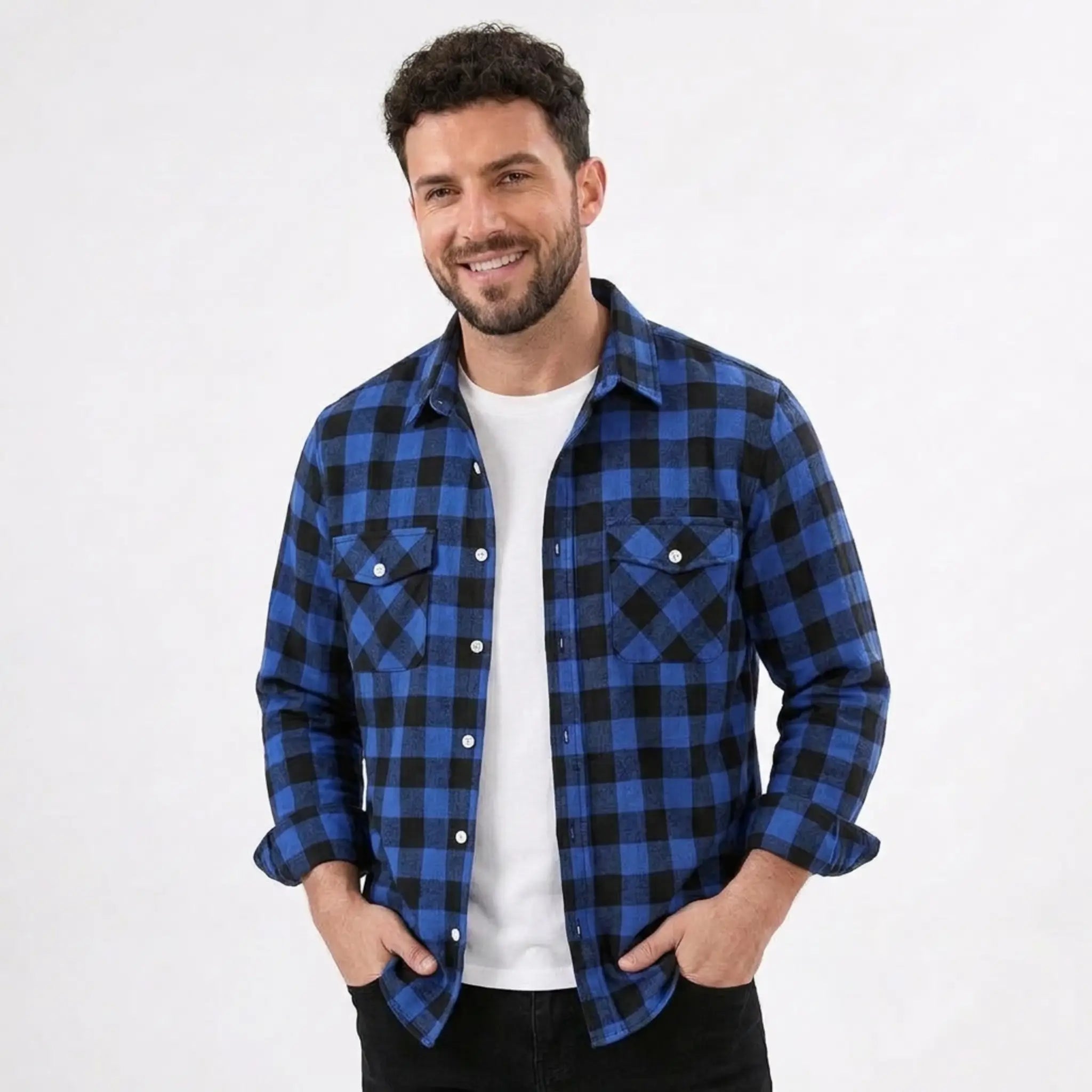 MannerCo blue plaid flannel shirt with turn-down collar and dual chest pockets worn open over white tee